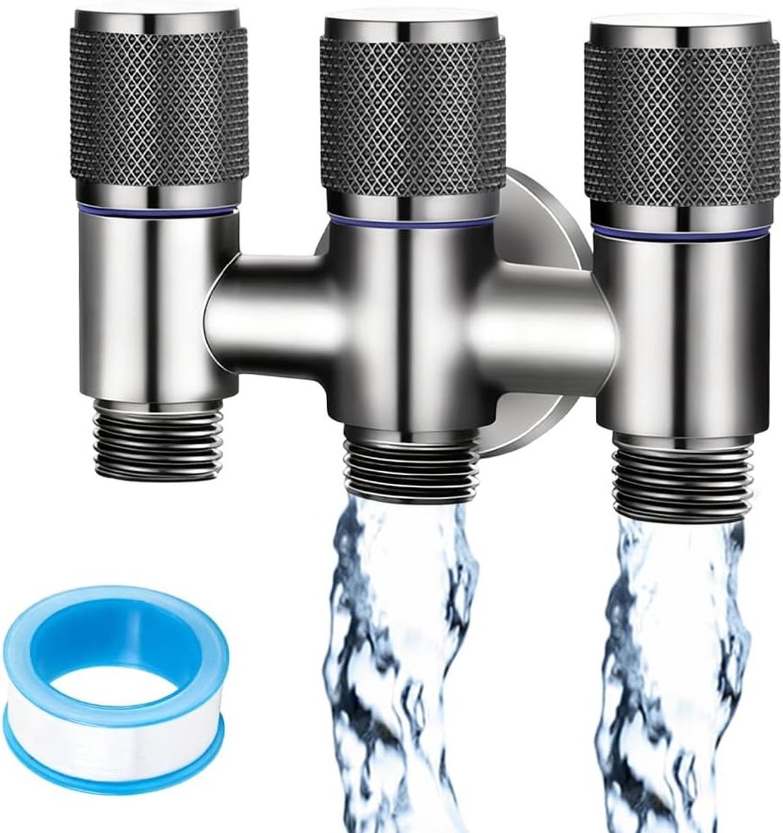 3-weg omstelventiel, 1/2 inch hoekventiel met aansluiting voor vaatwasser en dubbele aansluiting, drukbestendige RVS schroefdraadinterface voor wasmachines en vaatwassers, ideaal voor sanitair en waterleidingen