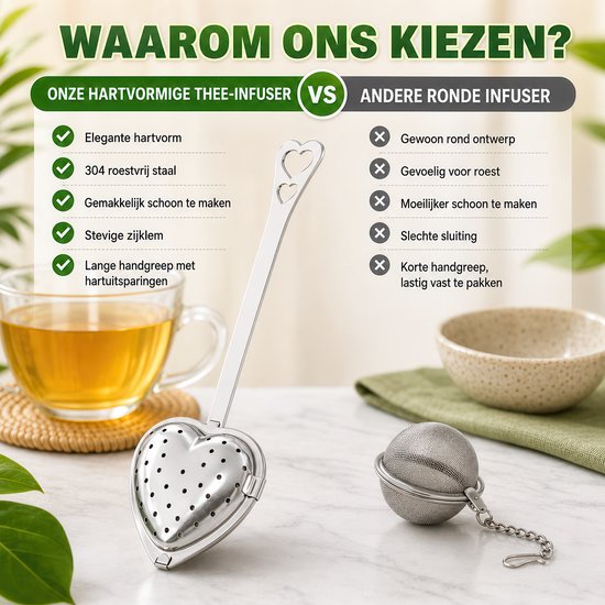 Vergelijking van een zilverkleurig, hartvormig theefilter met een rond theefilter, met voordelen.