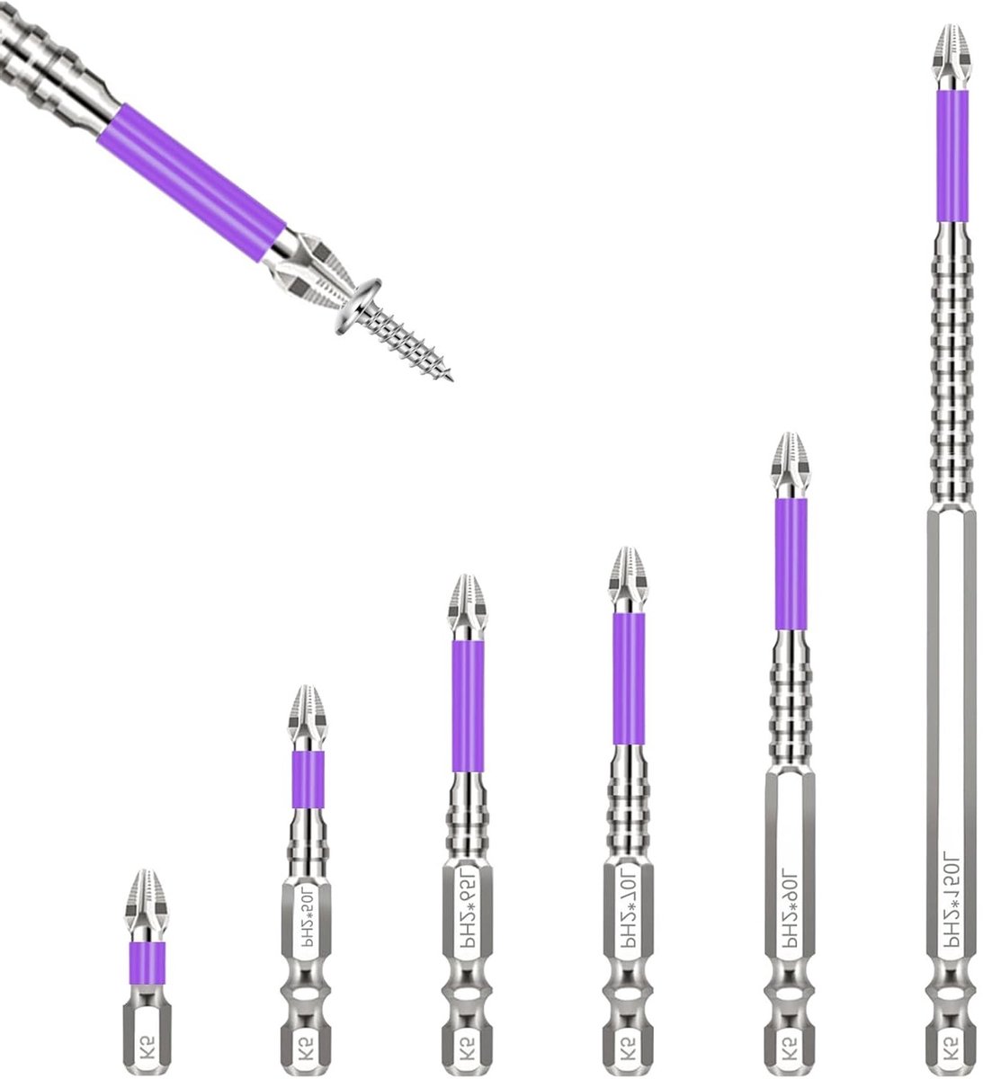 Set van 6 Antislip Phillips Bits, Sterk Magnetisch en Impactbestendig, Inclusief 25, 50, 65, 70, 90, 150 mm, Geschikt voor Elektrische Boormachines en Lithium Boormachines