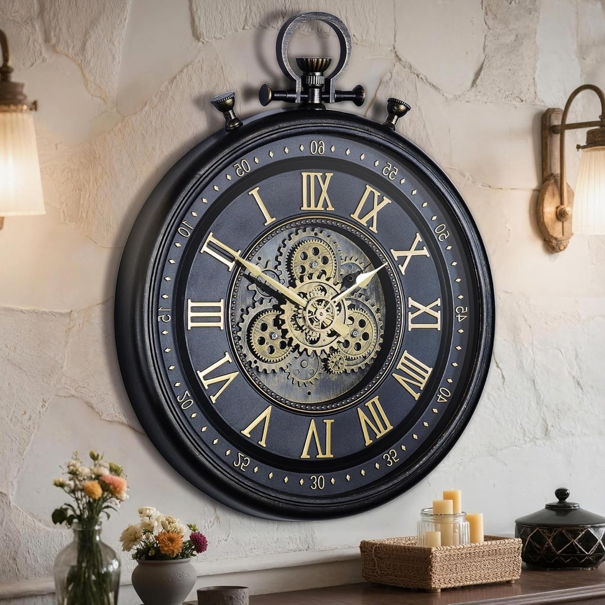 Decoratieve Grote Wandklok met Industriële Steampunk Tandwielen en Grote Cijfers voor Moderne Woonkamer Decoratie - 24 Inch, Zwart Metaal