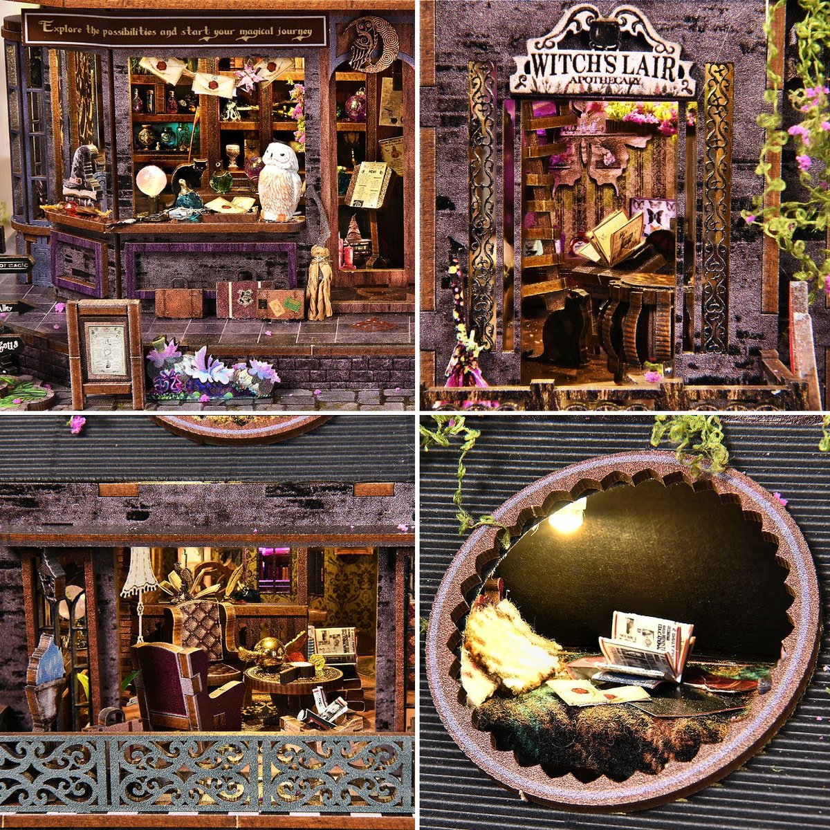 Premium Miniatuur XXL bouwpakket (Extra groot) - DIY Houten 3D Puzzel Magic House met LED Verlichting, Bewegingssensor & Muziekdoos – Book Nook Boekensteun Miniatuur Bouwpakket – Cadeau voor Volwassenen (15+) — afbeelding 6