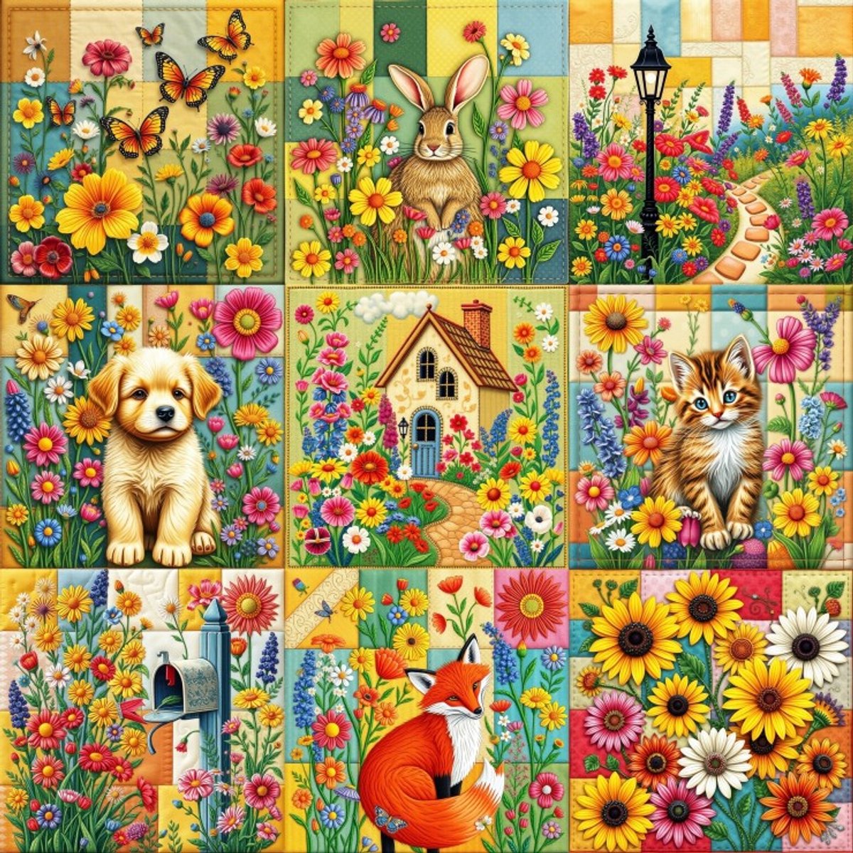 Alipson Puzzle legpuzzel Cottage Garden Nine Patch Quilt Block 1000 stukjes.