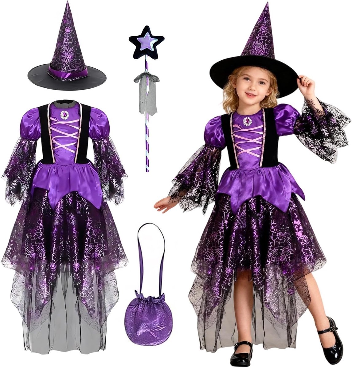 Halloween Kostuum voor Meisjes met Paarse Spinnenweb Dress, Heksenhoed, Toverstaf en Magische Tas voor Feestjes en Carnaval