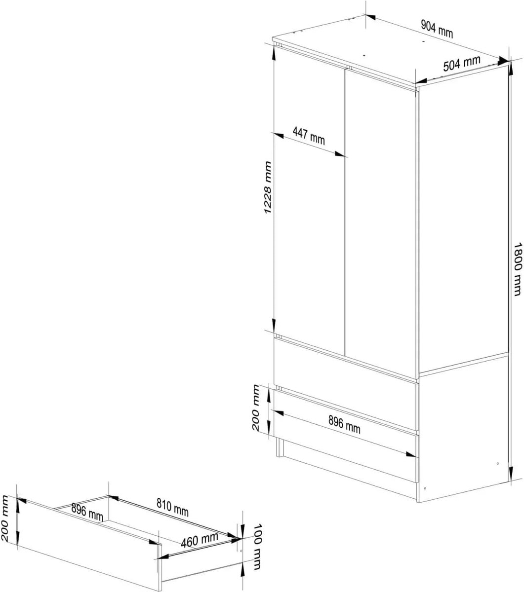 Kledingkast met 2 deuren en kledingroede – Arqam 90 cm garderobekast met 2 lades & 4 plank