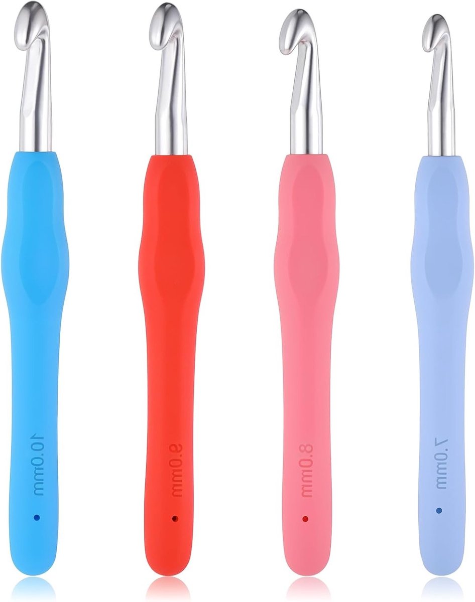 Set van 4 Ergonomische Haaknaalden 7mm, 8mm, 9mm en 10mm voor Beginners - Ideaal voor Breien van Truien, Sjaals en Mutsen met Zachte Handgrepen in Diverse Kleuren