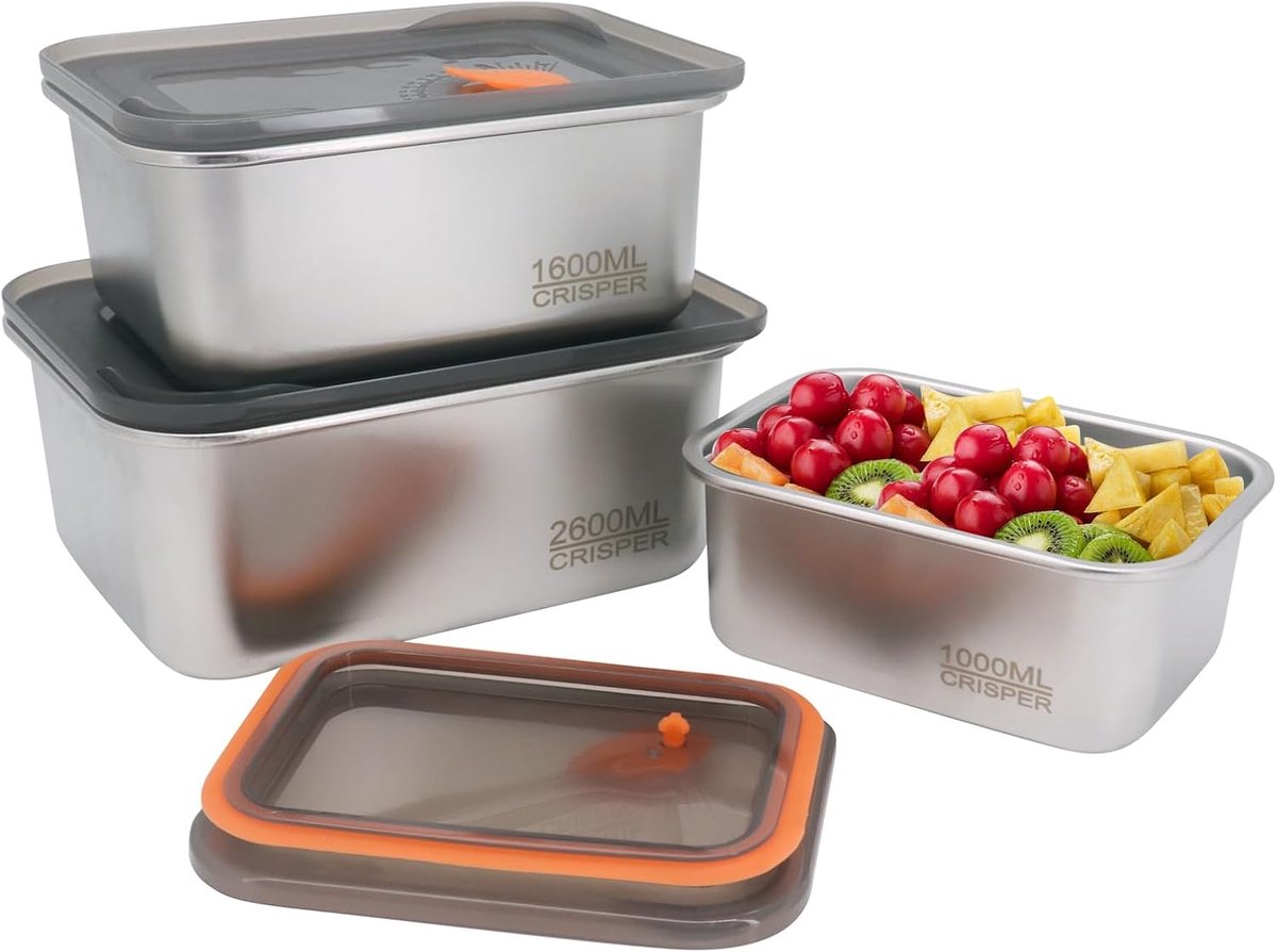 Allecto Plus - Roestvrijstalen voedselcontainers set voor restaurant keuken vriezer - Lekbestendige snackcontainers - Buffet opslagset (1000 ml+1600 ml+2600 ml)