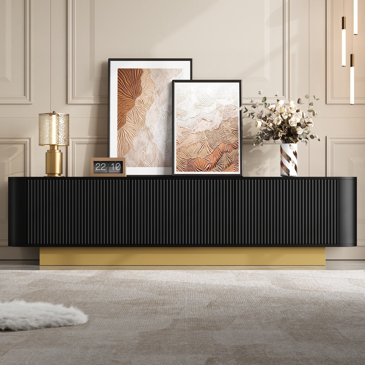 MIVRAY TV Meubel - Afgeronde Hoeken En Kabelbeheer - 3 Deuren Met Verstelbare Plank - MDF Spaanplaat - Zwart - 170x40,5x47 Cm