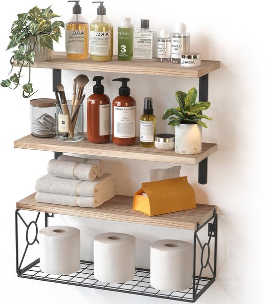 YONO Wandrek en Wandplanken Zwevend - 3 Planken - Hout en Metaal - Badkamer - Keuken - Industrieel - Organizer - Bruin