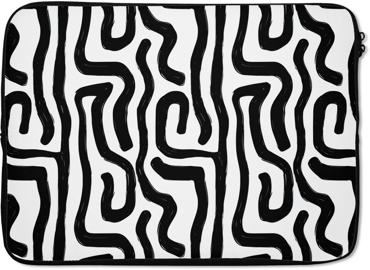 Laptophoes 14 inch - Modern - Lijnen - Zwart - Laptop sleeve - Binnenmaat 33x23 cm - Zwarte achterkant