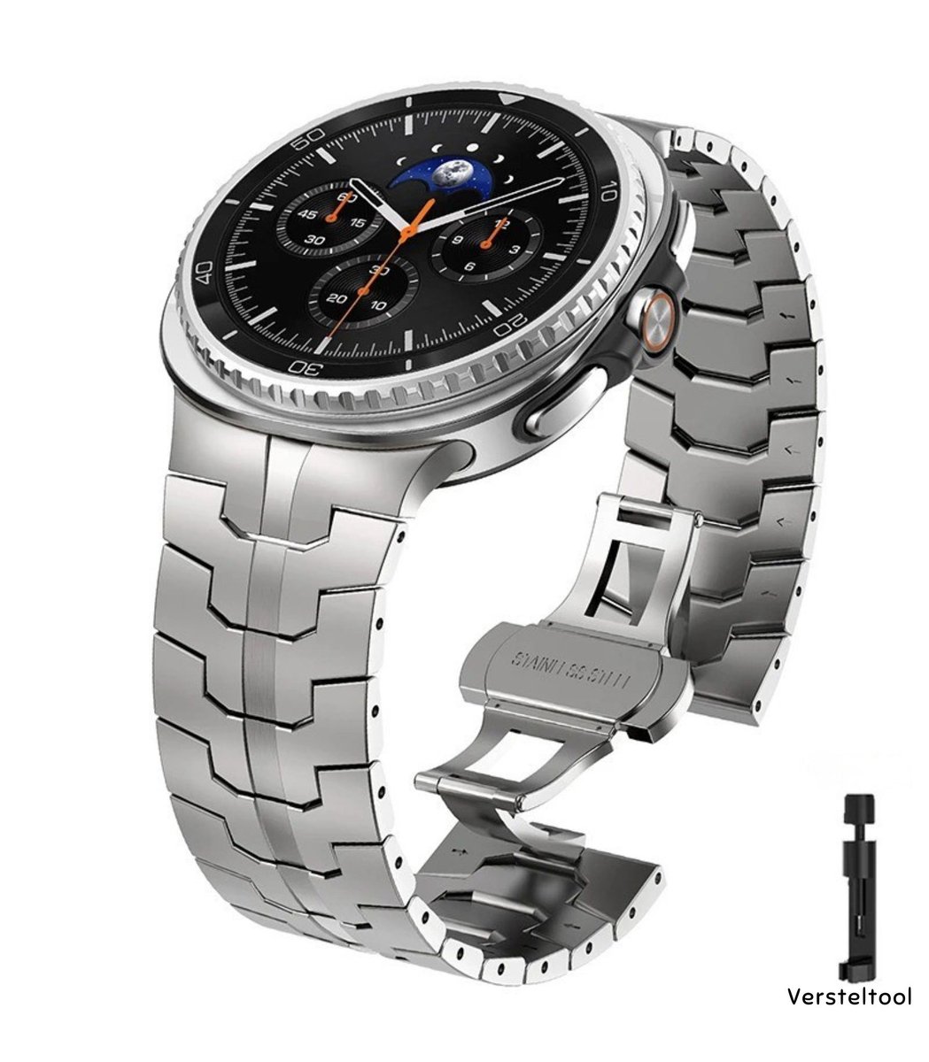 DrPhone Titanium Pro Strap - Metalen Horlogeband - Compatibel voor Samsung Galaxy Watch Ultra 47mm - RVS Titanium - Butterfly Sluiting - Verstelbaar - Zilver