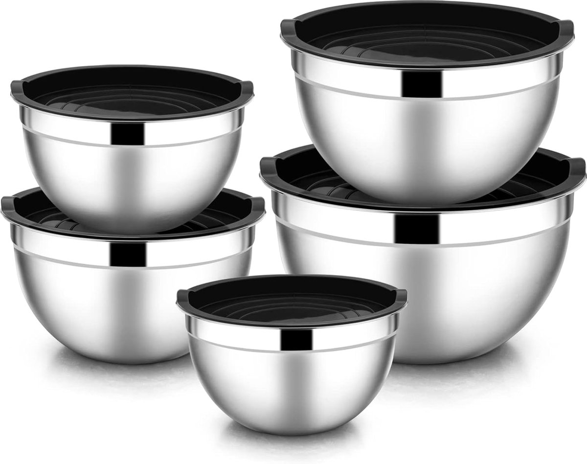5-Piece Mixing Bowl Set - RVS - Saladeschalen met Luchtdichte Deksel - 4.5L - 2.7L - 1.5L - 1.2L - 0.7L - Ideaal voor Koken - Bakken - Opslag - Stapelbaar - Vaatwasserbestendig - Zwart
