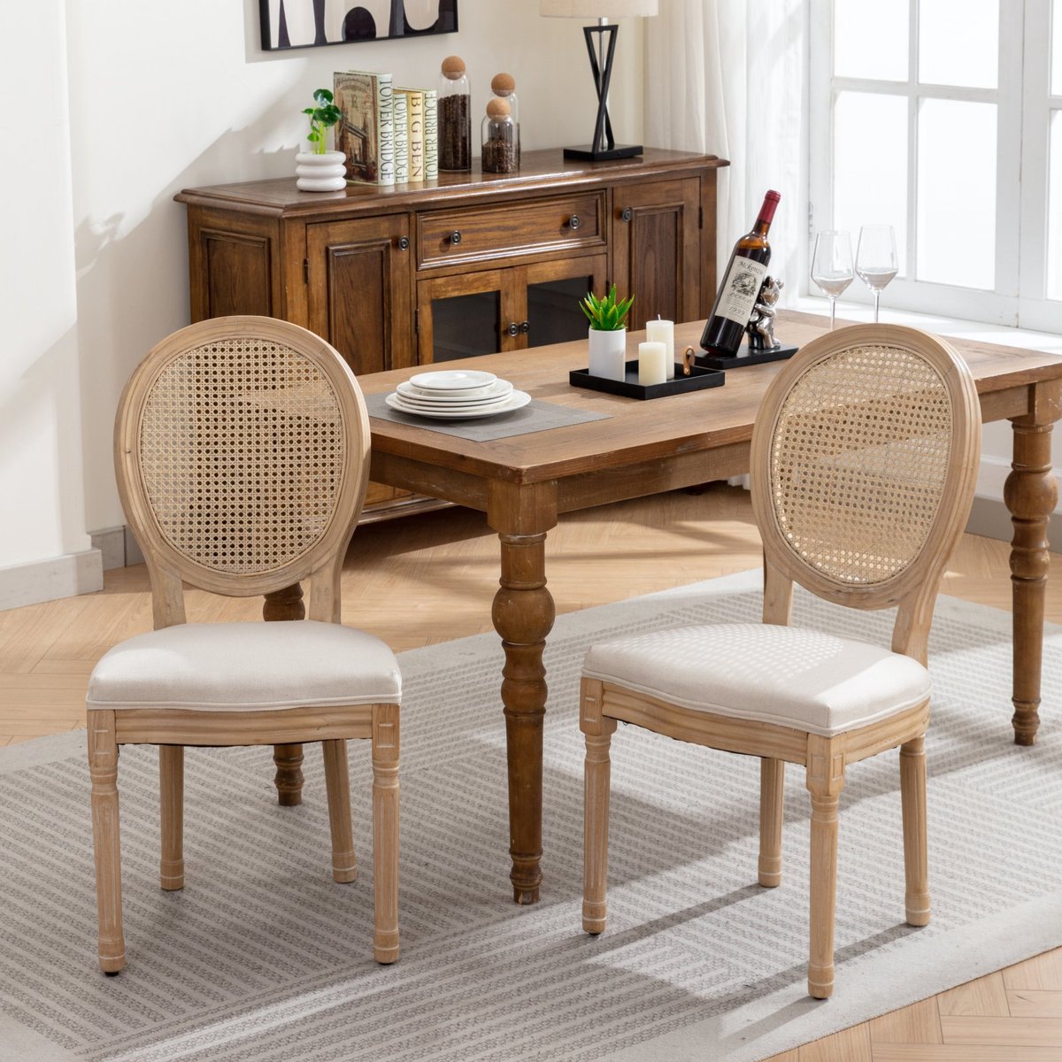 Wishdor - Eetkamerstoelen - Rotan Rugleuning, Linnen Bekleding En Gestoffeerde Zitting - F