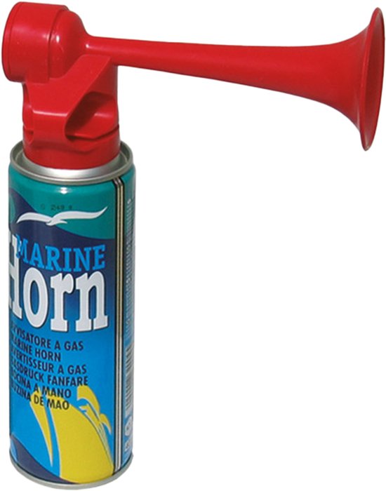 Rode Marine Horn luchttoeter met rode blazer bovenop een groene en blauwe spuitbus met de tekst 'MARINE Horn'.