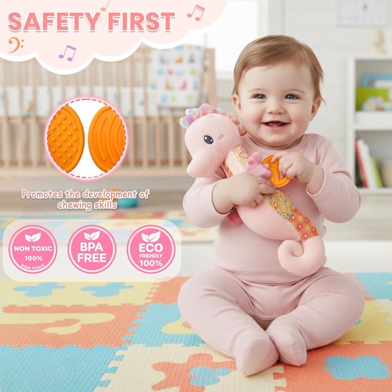 Babyspeelgoed Zeepaardje - Knuffeldier Rammelaar - Baby Ontwikkeling Stimuleren - Meerdere Geluiden Texturen - 19.8 cm - Roze — afbeelding 5