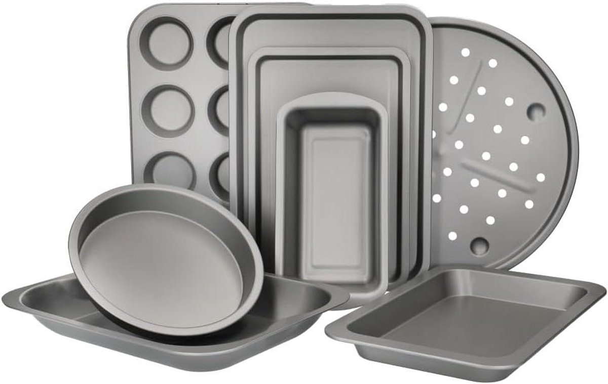 Bakvorm Set - Bakgerei Set Bakblik Set - Thuis Bakken - Antiaanbaklaag - 8 Delig - Grijs