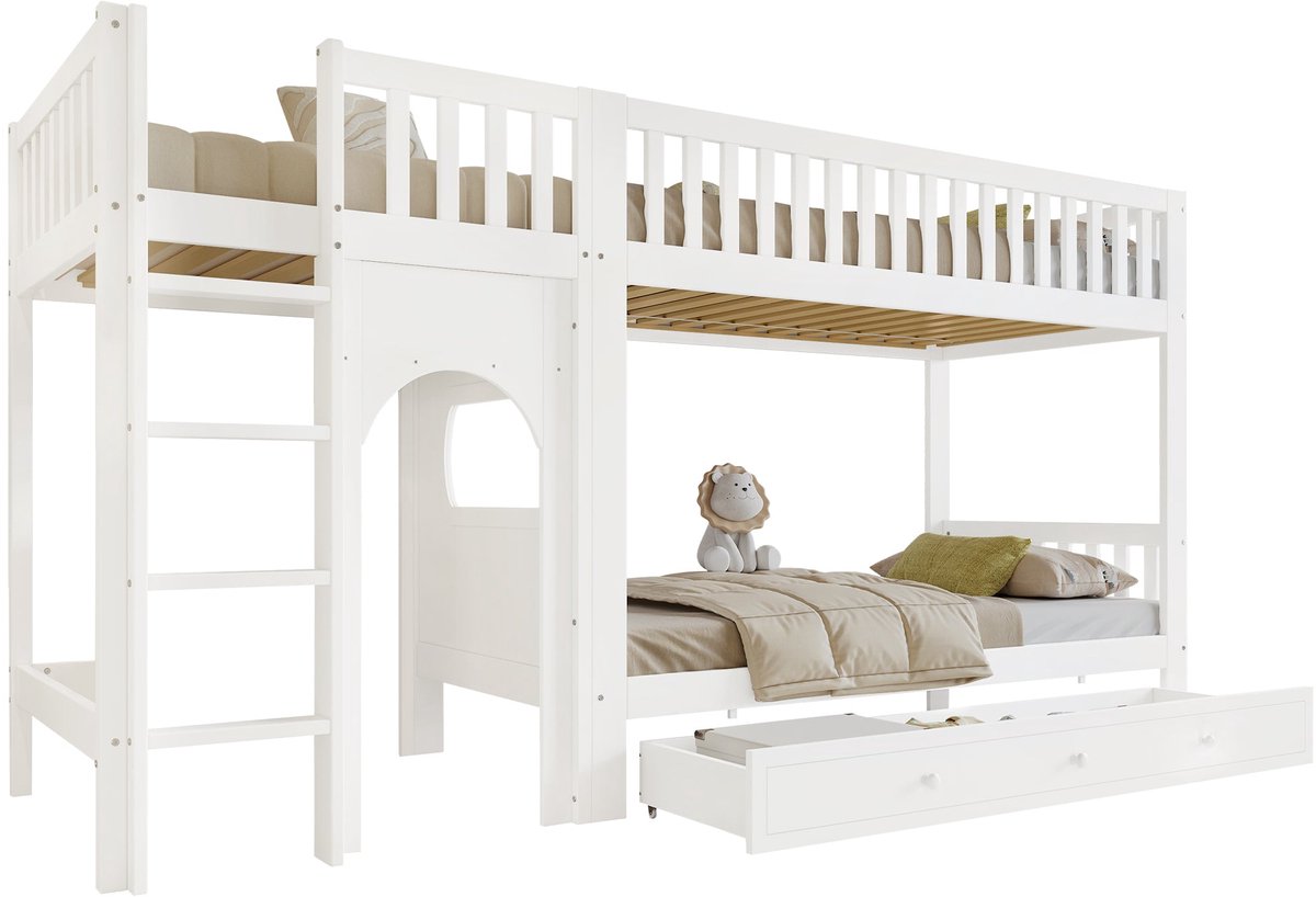 Merax Stapelbed voor Kinderen 90x200 cm - Houten Bed met Ladder en Veiligheidshekken - Inc