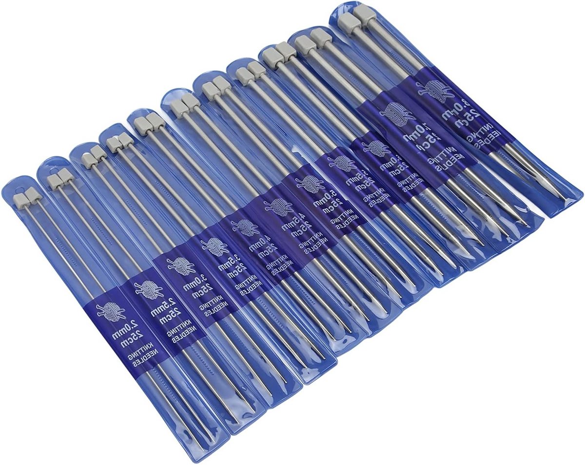 Complete Set van 22 Stuks Metalen Breinaalden van RVS, 25 cm Lange Handwerknaalden voor Sokken, Sjaals en Truien