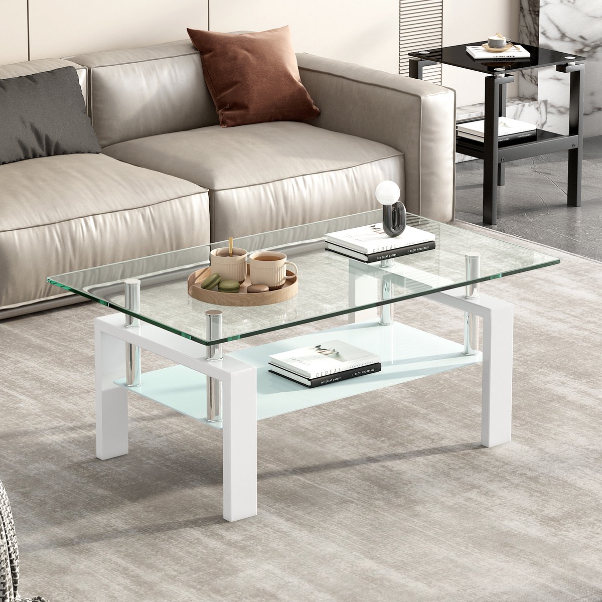 MIVRAY Salontafel - Gehard Glazen Tafel Met Twee Niveaus - Voor Woonkamer En Kantoor - Glas En Metaal - 100x60x44 Cm - Wit