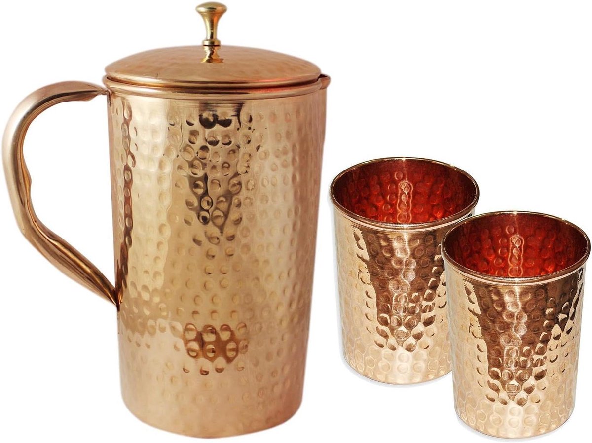 Koperen Waterkan - Karaf Set - Dranken Serveren - Handgemaakt Design - 1.4 Liter - Bruin