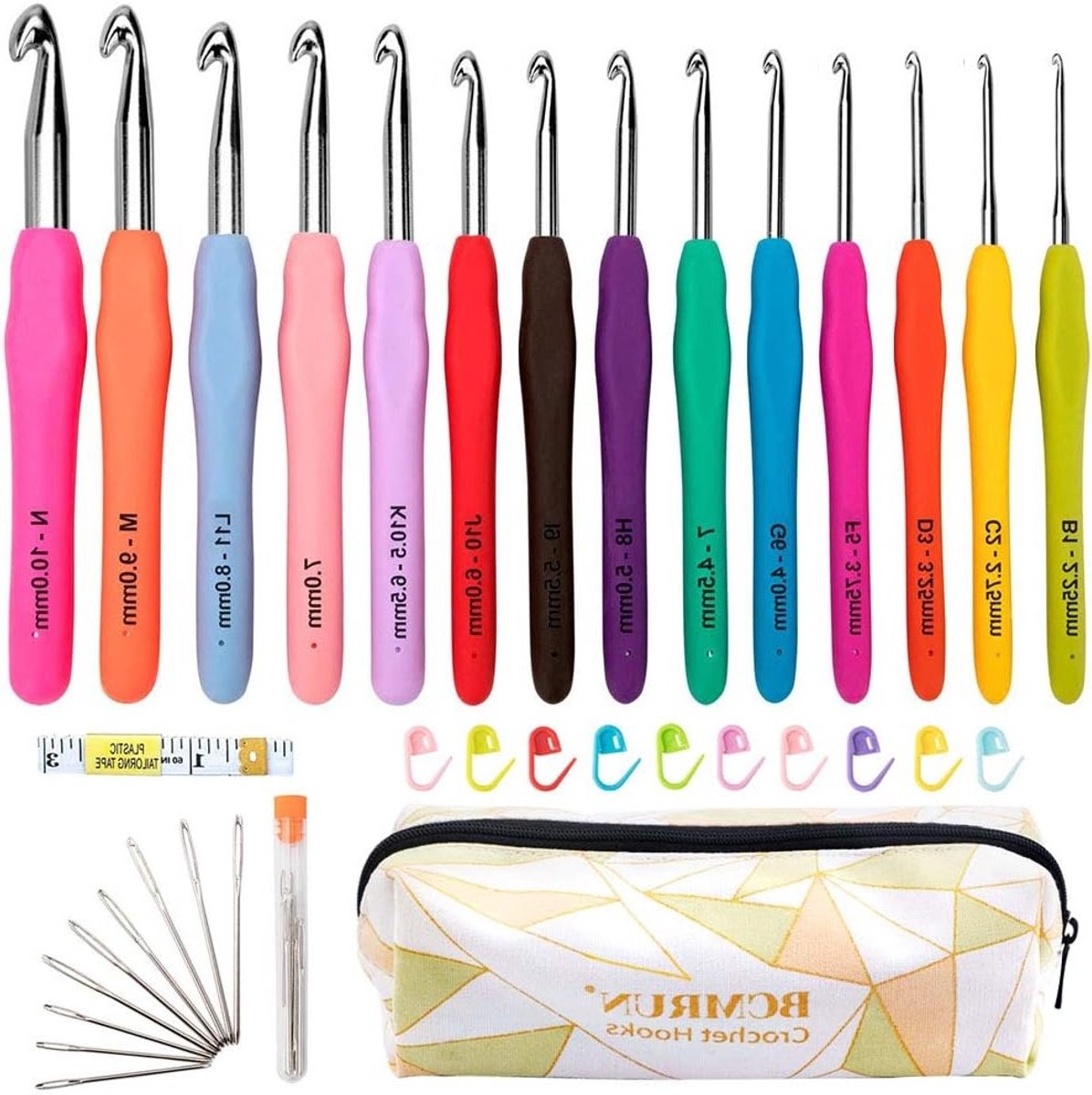 Kleurrijke ergonomische haaknaalden set van 14 stuks met comfortabele grip, inclusief draagtas en accessoires voor haken, breien en artritis hulpmiddelen, 2mm-10mm