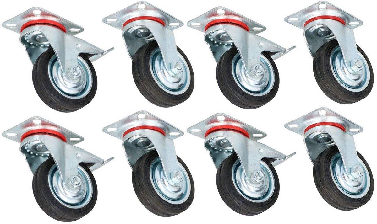 Zwenkwielen met Remmen - Meubelwielen Trolleywielen - Meubels Verplaatsen - Dubbele Kogellager - 75mm 8 Stuks - Zwart