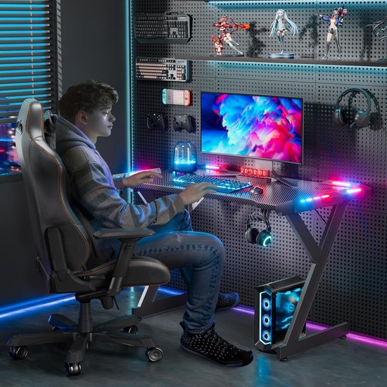 Gamingbureau met LED - Computertafel Werkstation - Gamen en Studeren - Koolstofvezel Oppervlak - 100 x 60 cm - Zwart — afbeelding 4