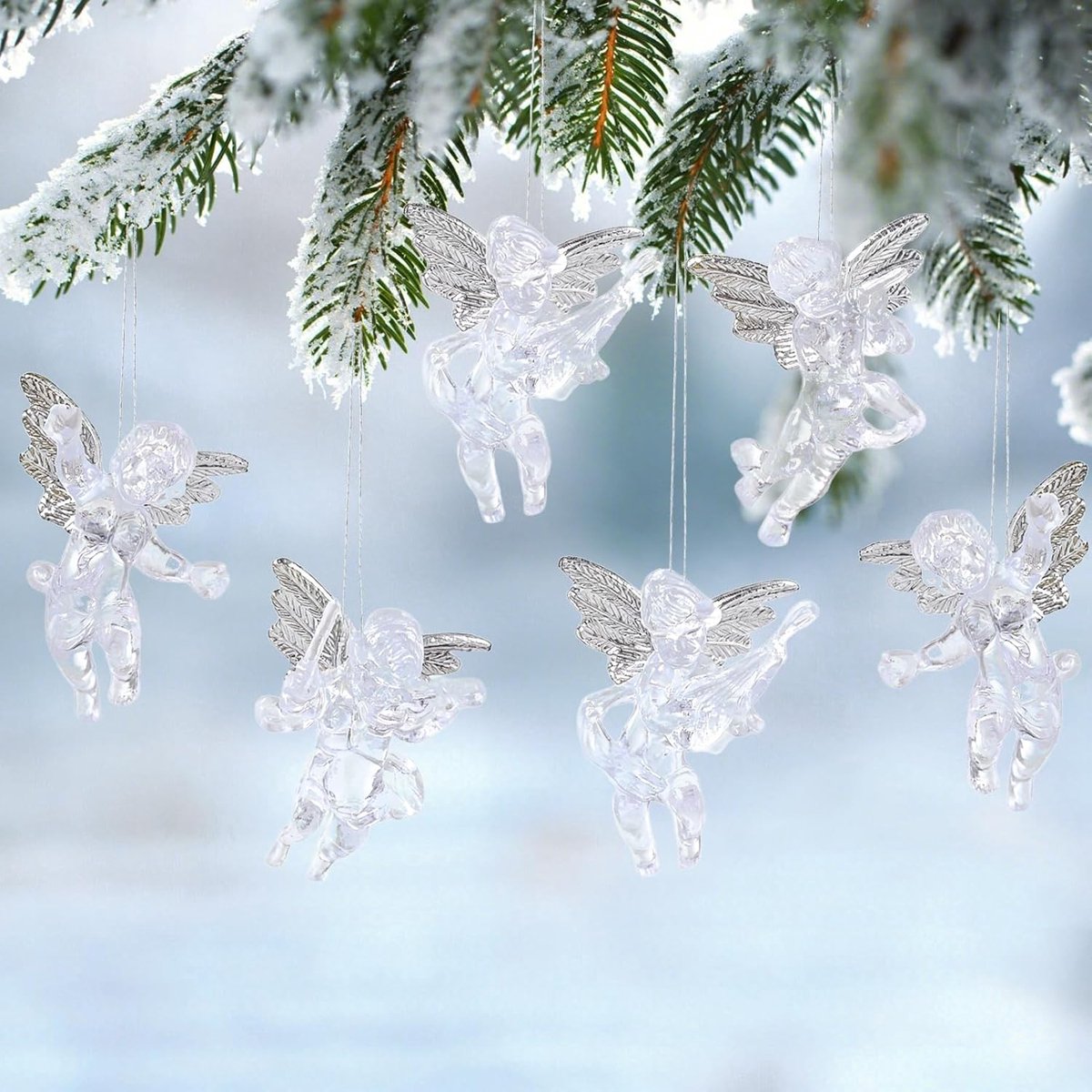 12 stuks acryl kerstboomdecoraties engelen - mini engeltjes met zilveren vleugels - cadeaushangers en adventskransen versiering