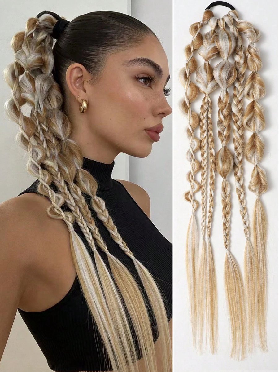 Topmelon Braided Ponytail Extensions - Ponytail extensions - Haar extensions - Ponytail - Extensions- Lampion Bubble Vlecht Haar - 61CM - Bruin & Blond | Bruin+Wit