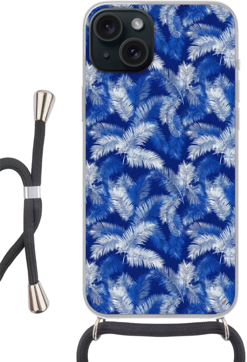 Telefoonhoesje Geschikt voor iPhone 15 Plus - Palmblad - Patroon - Blauw - Siliconen - Crossbody - Backcover met Koord - Telefoonhoesje met koord - Hoesje met touw Telefoonhoesje