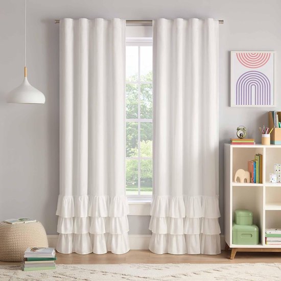 Verduisterend gordijn, gordijn met trapsgewijze ruches voor kinderen, 213 x 61 cm, Thermaback 100% verduisterend gordijn met stangbus bovenaan, gordijn voor kinderkamer of speelkamer, 1 raampaneel, wit