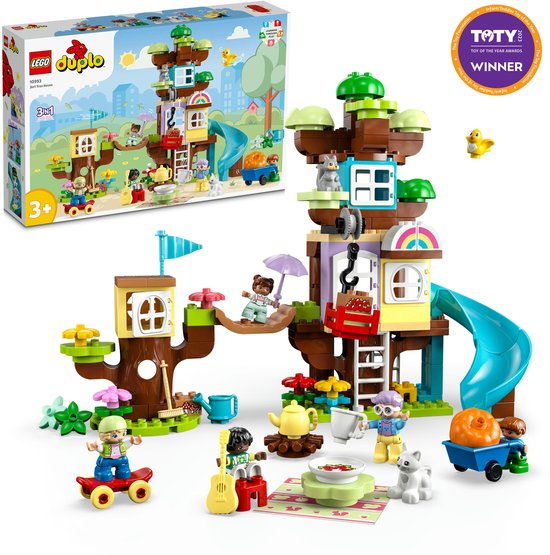 LEGO Duplo 3-in-1 boomhut speelgoedset met glijbaan, figuren en diertjes.
