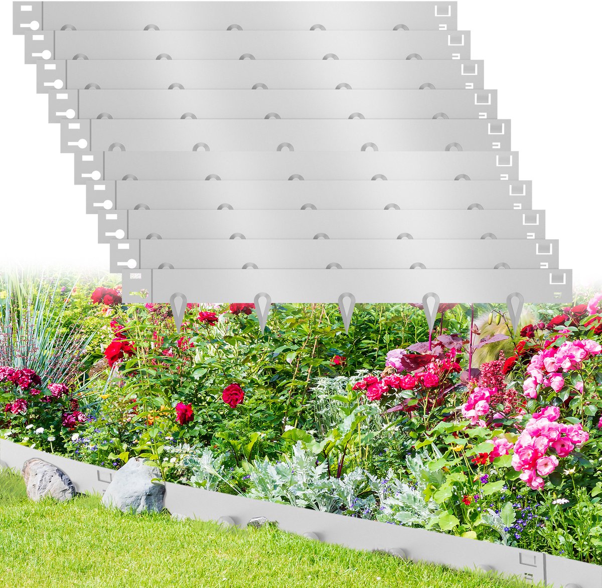 Froadp 15 m gegalvaniseerde gazonrand van metaal, 16 cm hoge borderrand, flexibele border- en maairand, roestbestendige, weerbestendige tuinpalisade voor gazonafscheiding, binnenplaats en paden, eenvoudige montage (zilverkleurig)