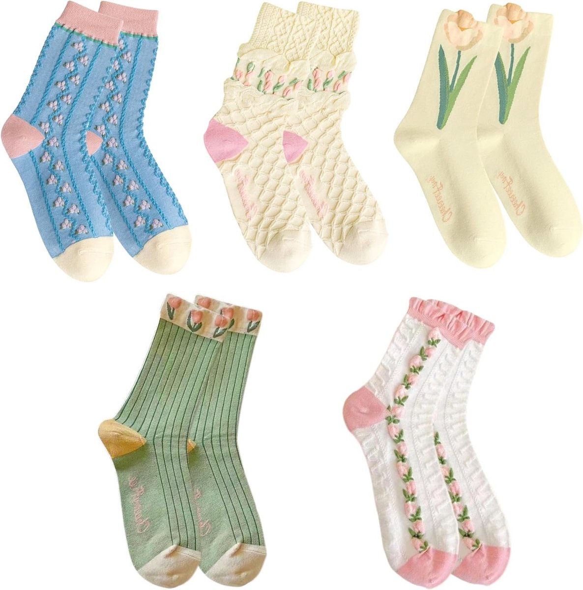 5 Paar Leuke Zachte Vintage Bloemen Sokken voor Vrouwen - Casual Geborduurd, Kleurrijk en Comfortabel voor Elke Gelegenheid