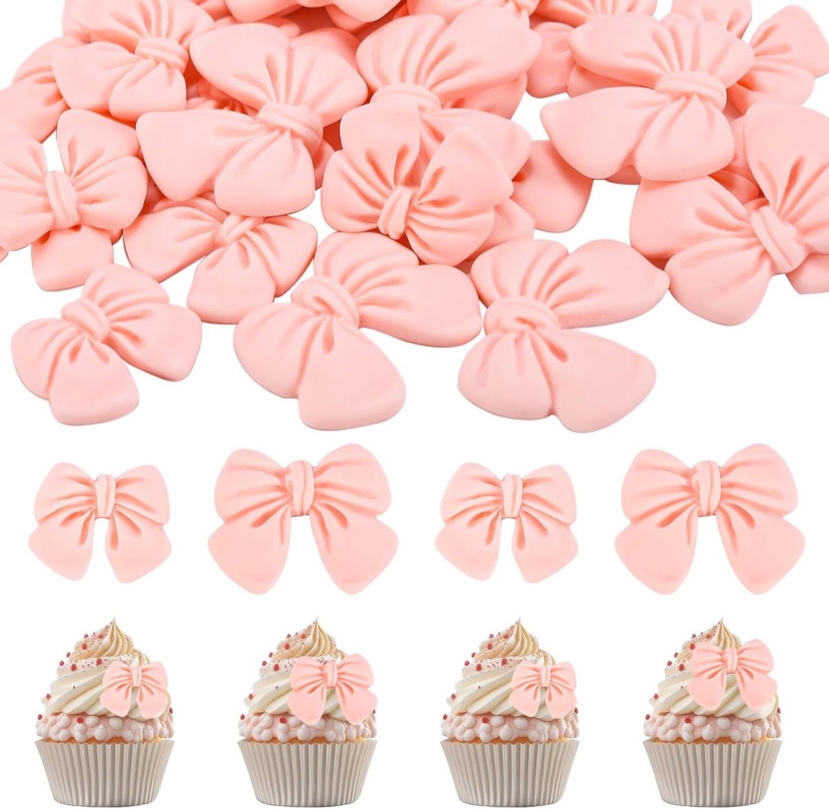 30 Stuks Roze Strik Cupcake Toppers, Grote en Kleine Hars Strik Taartdecoratie voor Bruiloften, Verjaardagen en Babyshowers