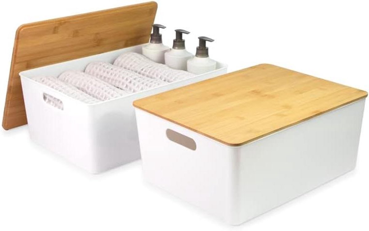 Opbergbakken Set - Opbergdozen Plastic - Huis Organiseren - Met Bamboe Deksel - 2 stuks XL - Wit
