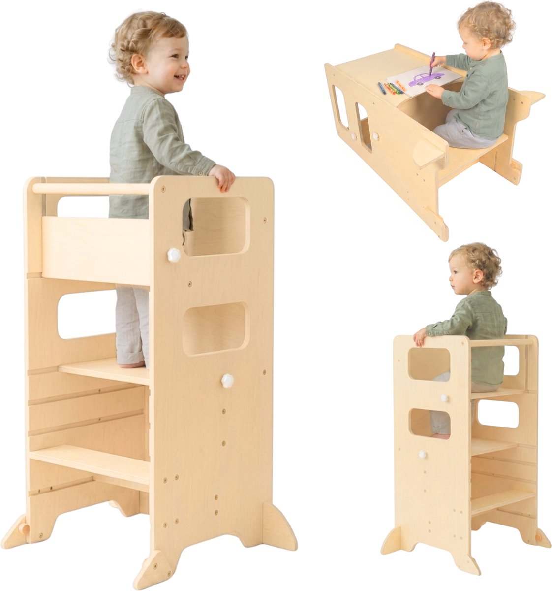 Dastium Kids 3-in-1 Leertoren - Keukenhulp - Learning Tower - Leertoren - Keukentoren - Leertoren Kantelbaar - Naturel