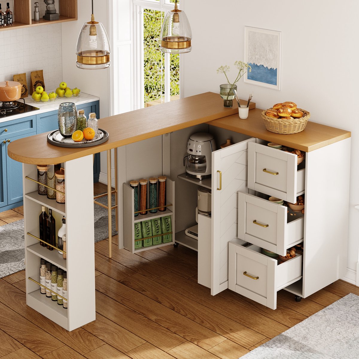 MODENUIT Barwagen - Uitschuifbaar Met 2 Deuren En 3 Laden - Voor Keuken En Woonkamer - Wit MDF - 135-228x39x104 Cm