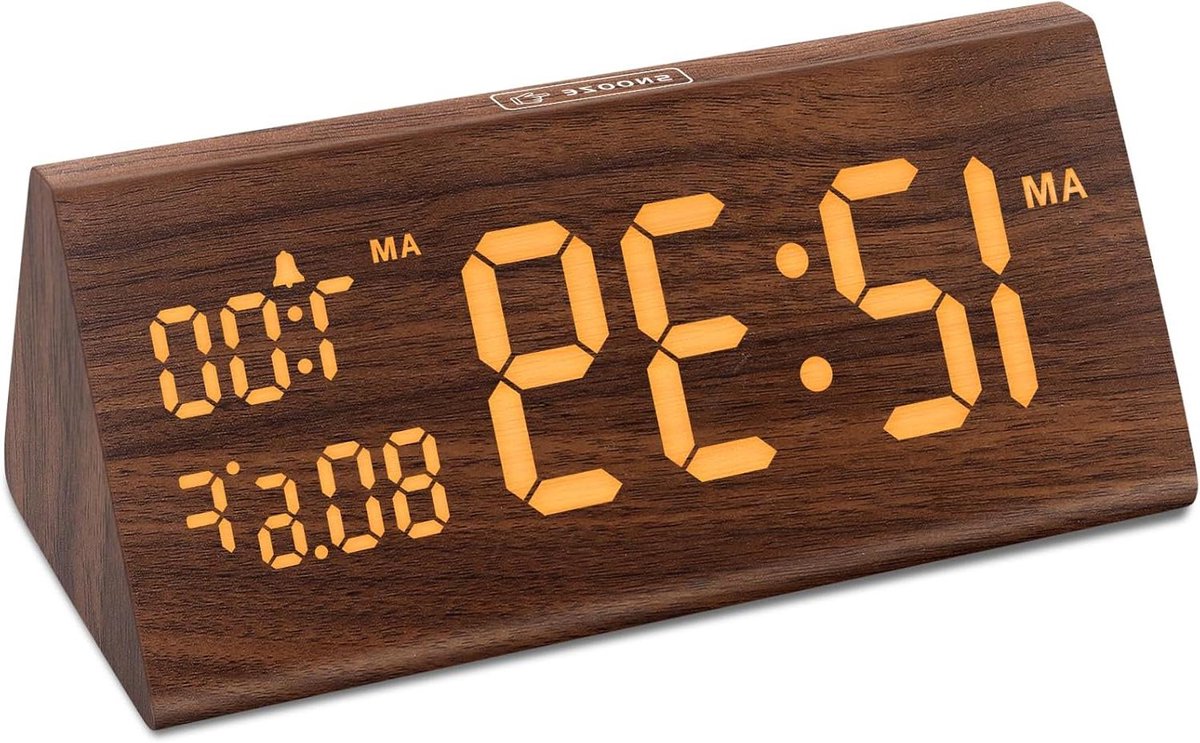 Digitale Wekker Hout - Nachtklok Tafelklok - Wakker Worden - Verstelbaar Volume - Grote Cijfers - Houtkleur