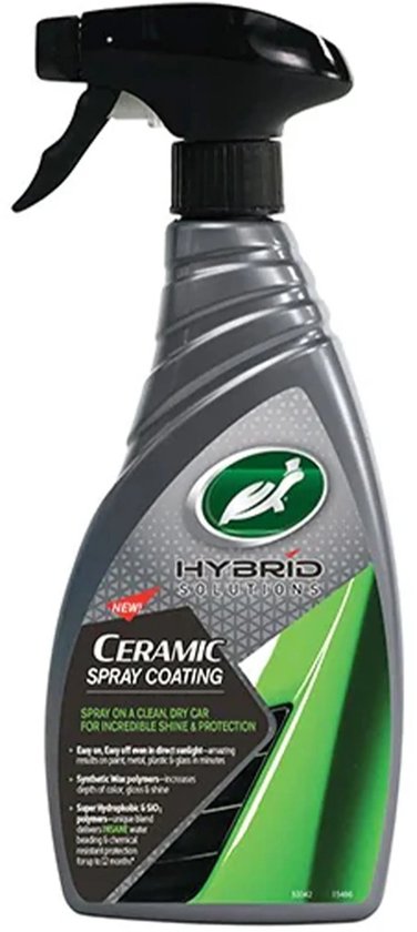 Flacon pulvérisateur gris avec accents verts et noirs. Logos "NEW CERAMIC SPRAY COATING" et "HYBRID SOLUTIONS".