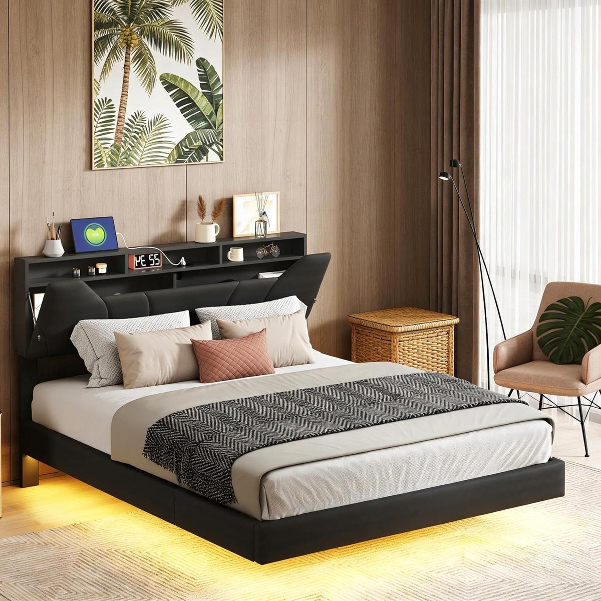 Gestoffeerd Bed - Tweepersoonsbed Bedframe - Moderne Slaapkamer - Geïntegreerde LED en USB - 160 x 200 cm - Zwart