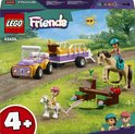 Voiture et remorque LEGO Friends violettes et jaunes, deux chevaux, un obstacle de saut et les figurines Lianna et Zoya.
