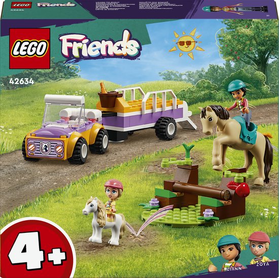 Voiture et remorque LEGO Friends violettes et jaunes, deux chevaux, un obstacle de saut et les figurines Lianna et Zoya.