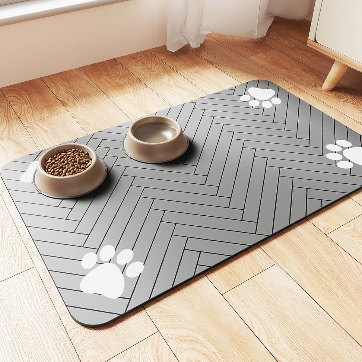 OLOEY Voer-en drinkmat voor huisdieren-Absorberende placemat voor voer-en waterbakken-met waterdichte rubberen achterkant-sneldrogende mat voor honden en katten (51 x 30 cm-gestreept grijs)