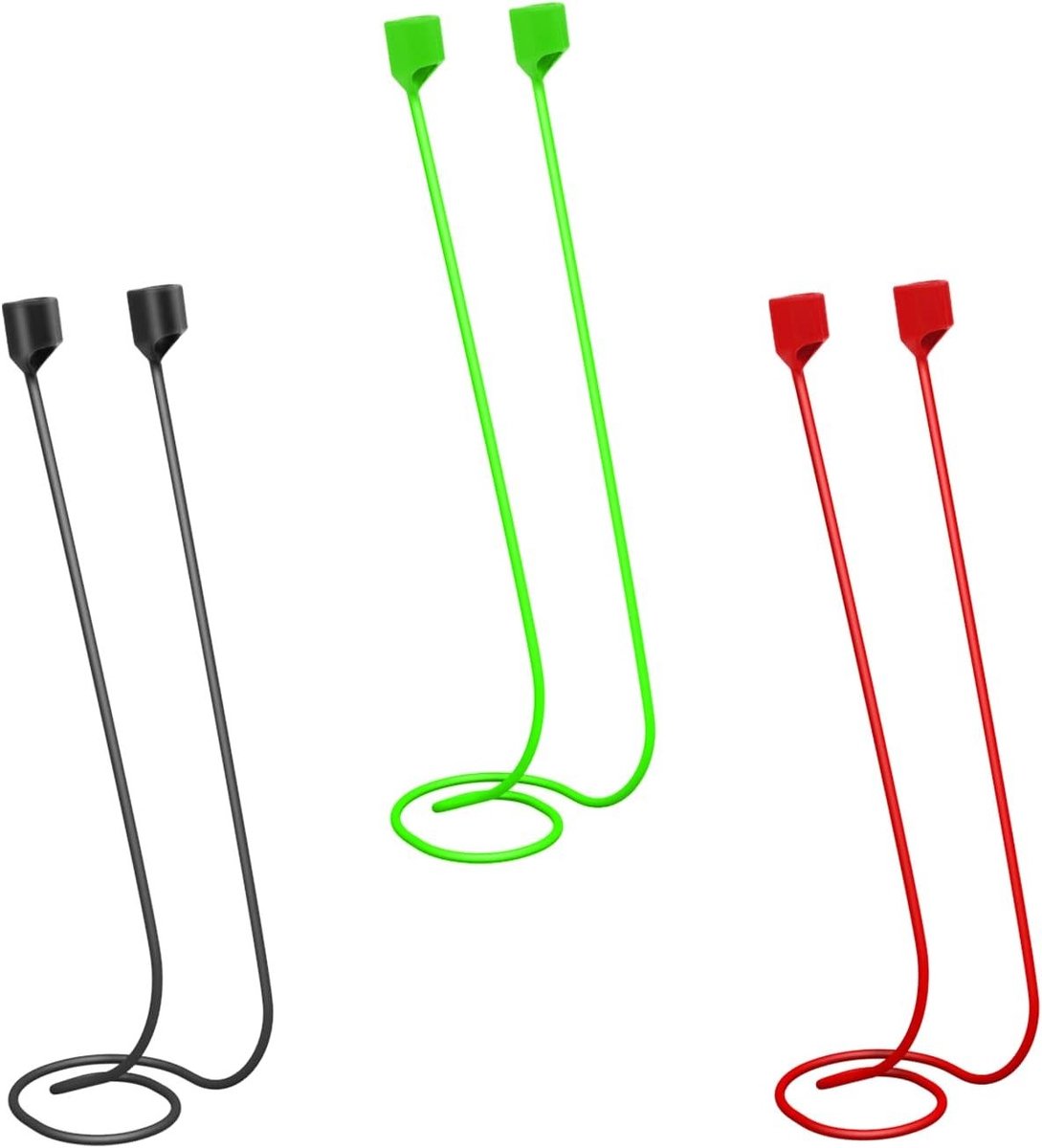 Set van 3 Magnetische Anti-Verlies Oordopjes Lanyard Bandjes van Zacht Silicoon - Geschikt voor Sport, Oordopjes en AirPods Pro/3/2/1 (Zwart, Rood, Groen)