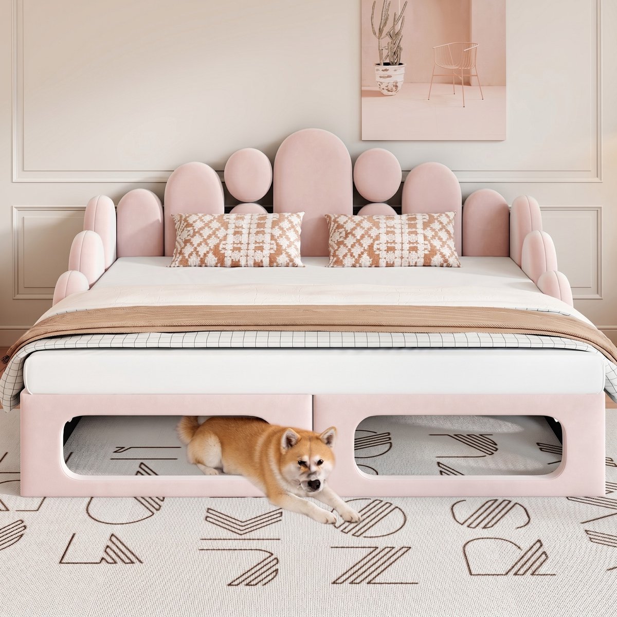 VVBV Slaapbank 2 Persoons 180x200 – Roze – Gestoffeerd Bed van Fluweel met Huisdierenbed, Lattenbodem en Rugleuning – Multifunctioneel Pink
