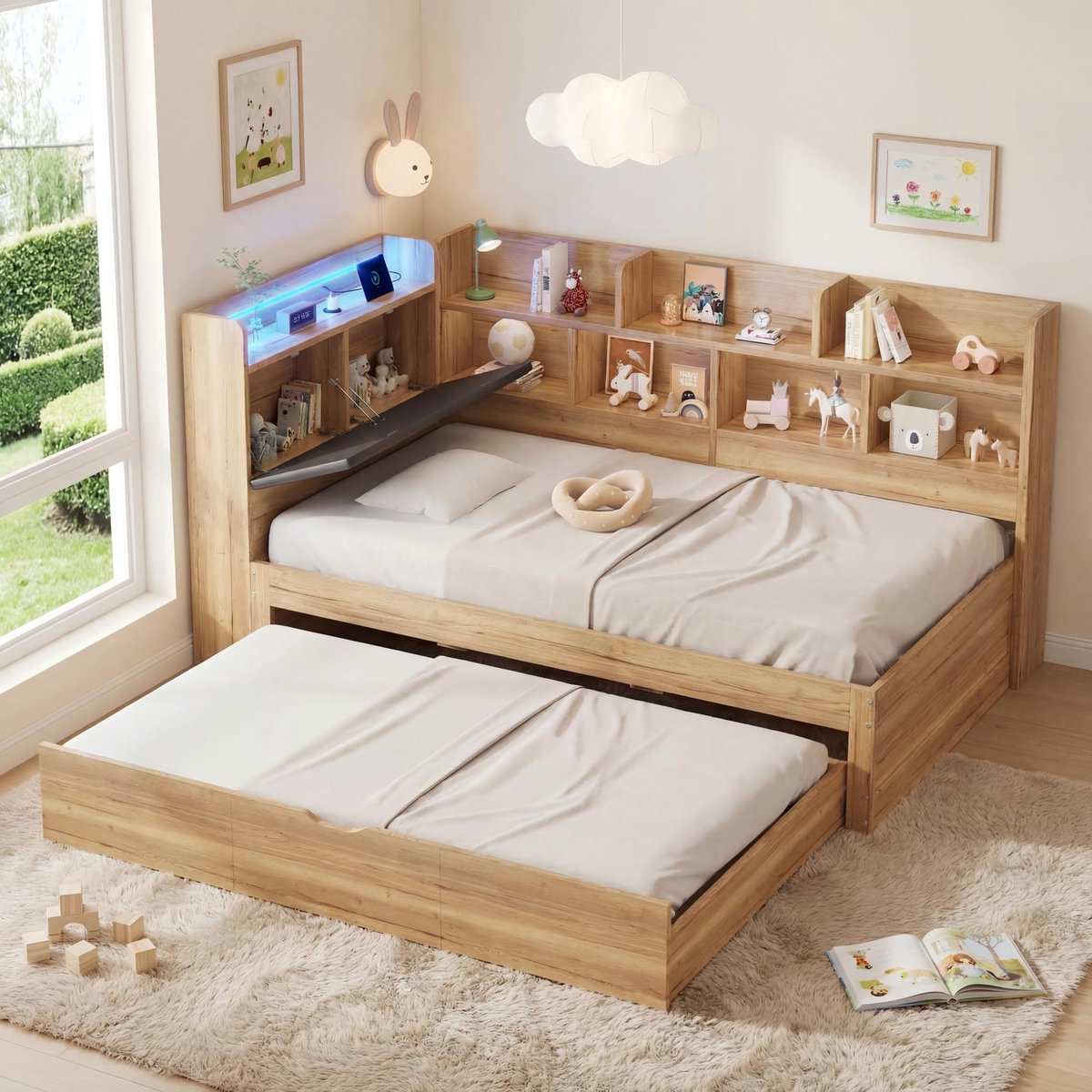 MODENUIT Kinderbed 90x200 cm – Met uittrekbed 90x190 cm, ledverlichting en USB-C – Opbergvakken – MDF – Naturel – Zonder matras Natuurlijk
