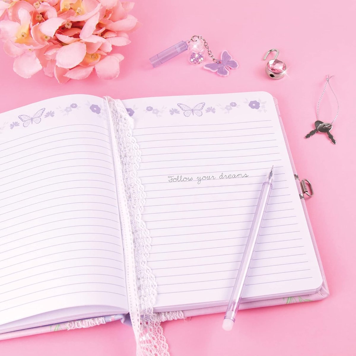 Bloemen Dagboek met Slot - Kinderdagboek Meisjes - Geheimen Opslaan - Inclusief Glitter Pen - 6 x 8 inch - Paars