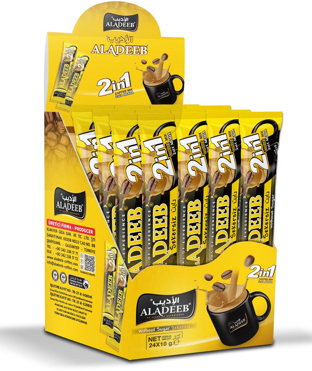 Aladeeb Premium - 2 in 1 Original Instant Coffee Without Sugar Voordeelverpakking - 24 x 10 gr