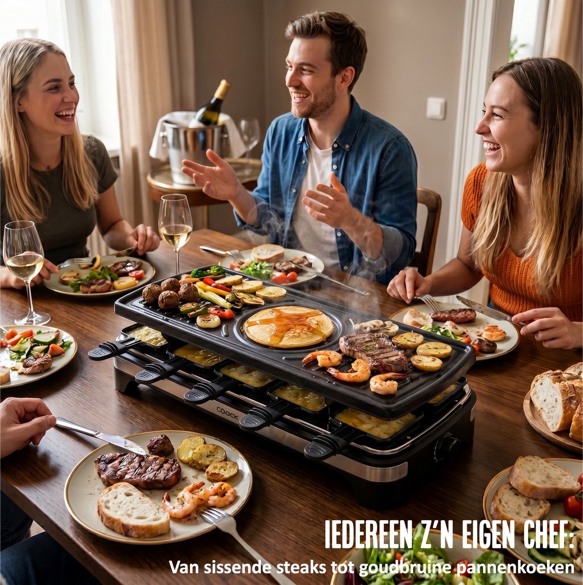 Coock Gourmetstel en Fondue Set 2-in-1 - Raclette voor 8-10 Personen - Inclusief 8 Fonduevorkjes & 10 Pannetjes - 1500W - XL Bakplaat - RVS – foto 6