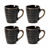 Koffiemokken Set van 4 – Keramische Mokken met Oor – 200 ml – Zwart Goud – Kopjes voor Koffie, Cappuccino, Espresso en Thee